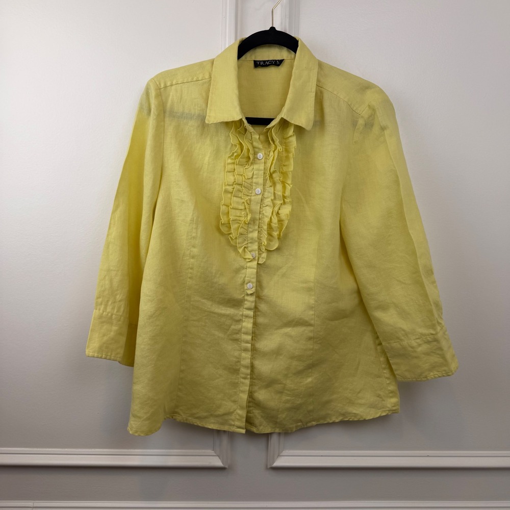 Tracy M Womens Yellow Linen Ruffle‎ Front Button Up Shirt 3/4 Sleeve Blouse